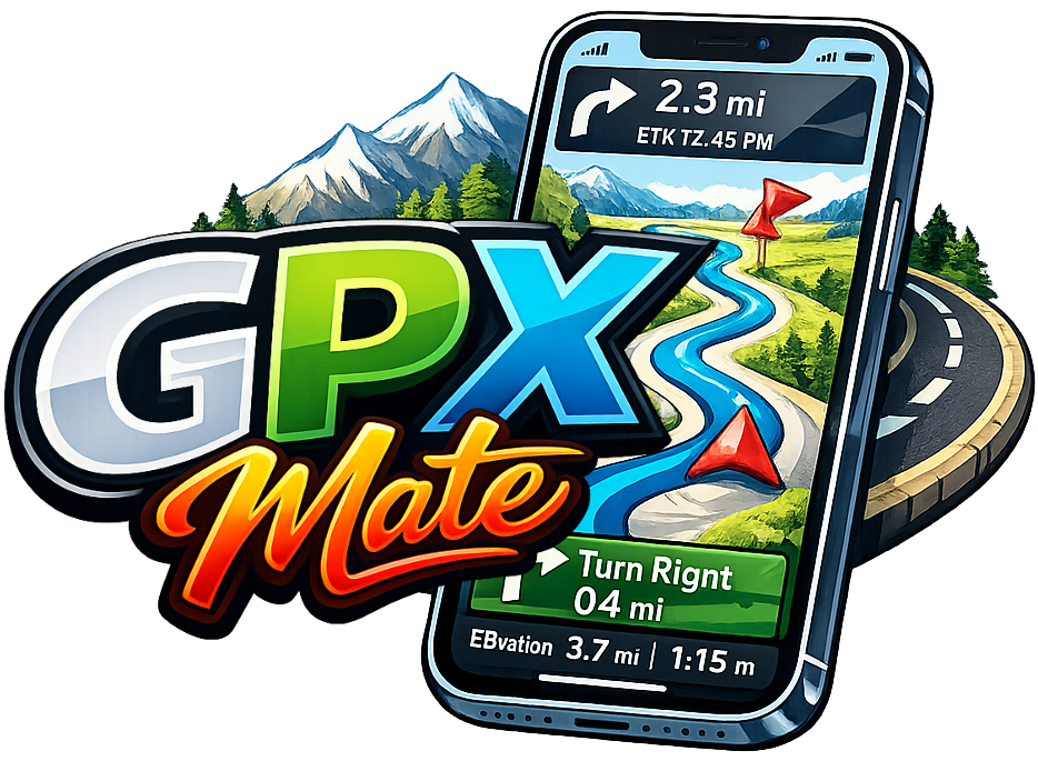 GPX Mate logo with a smartphone showing a navigation route through the mountains